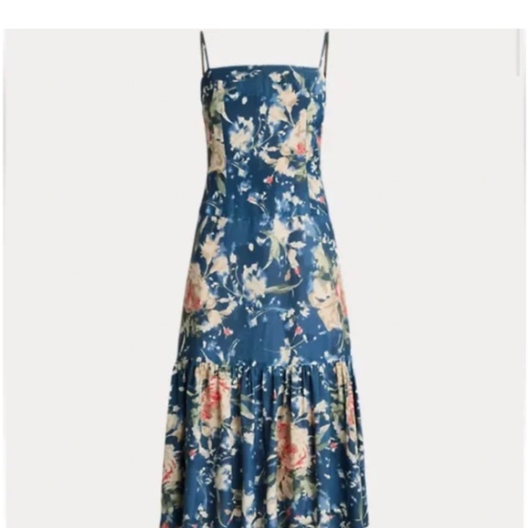 Lauren Ralph Lauren Blue Floral Linen Blend Sleeveless Midi Dress Size 14 - Picture 6 of 13